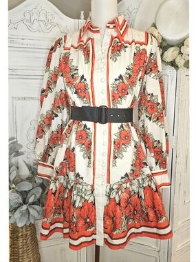 Fancy Boutique Beige Red Bold Blooms Bishop Sleeves  Flare Tier Mini Shirt Dress